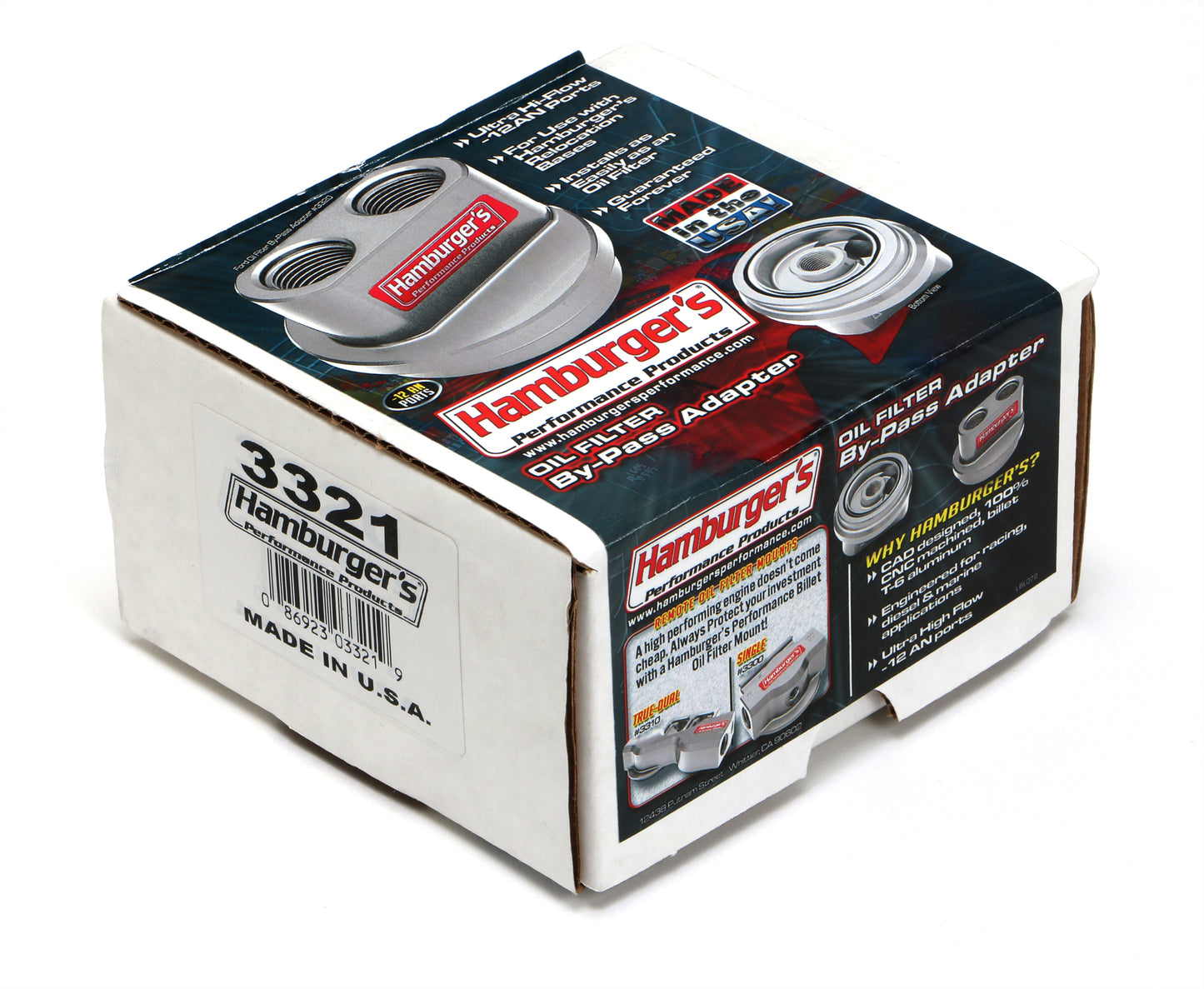 HAMBURGER'S PERFORMANCE PRODUCTS SPIN-ON BYPASS ADAPTER; CHEVY SB AND BB; 13/16 IN.-16 FILTER THREADS; -12AN PORTS- BILLET ALUMINUM 3321