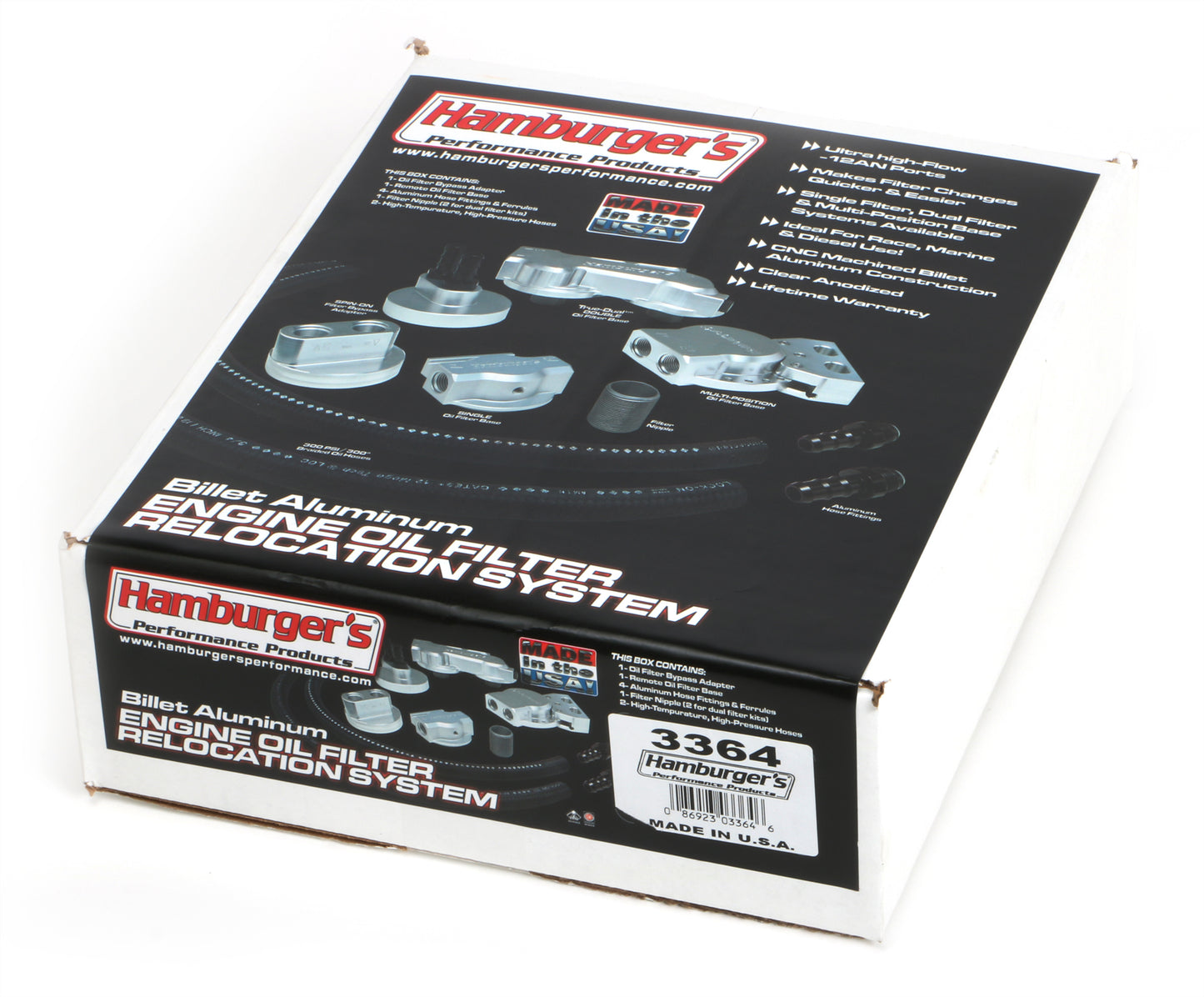 HAMBURGER'S PERFORMANCE PRODUCTS BILLET ALUMINUM SINGLE OIL FILTER RELOCATION KIT; VERTICAL PORT; 3-3/16 IN. I.D. 3-7/16 IN. O.D. OIL FILTER FLANGE; 13/16 IN.-16 NIPPLE- SB CHEVY & BB CHEVY 3364