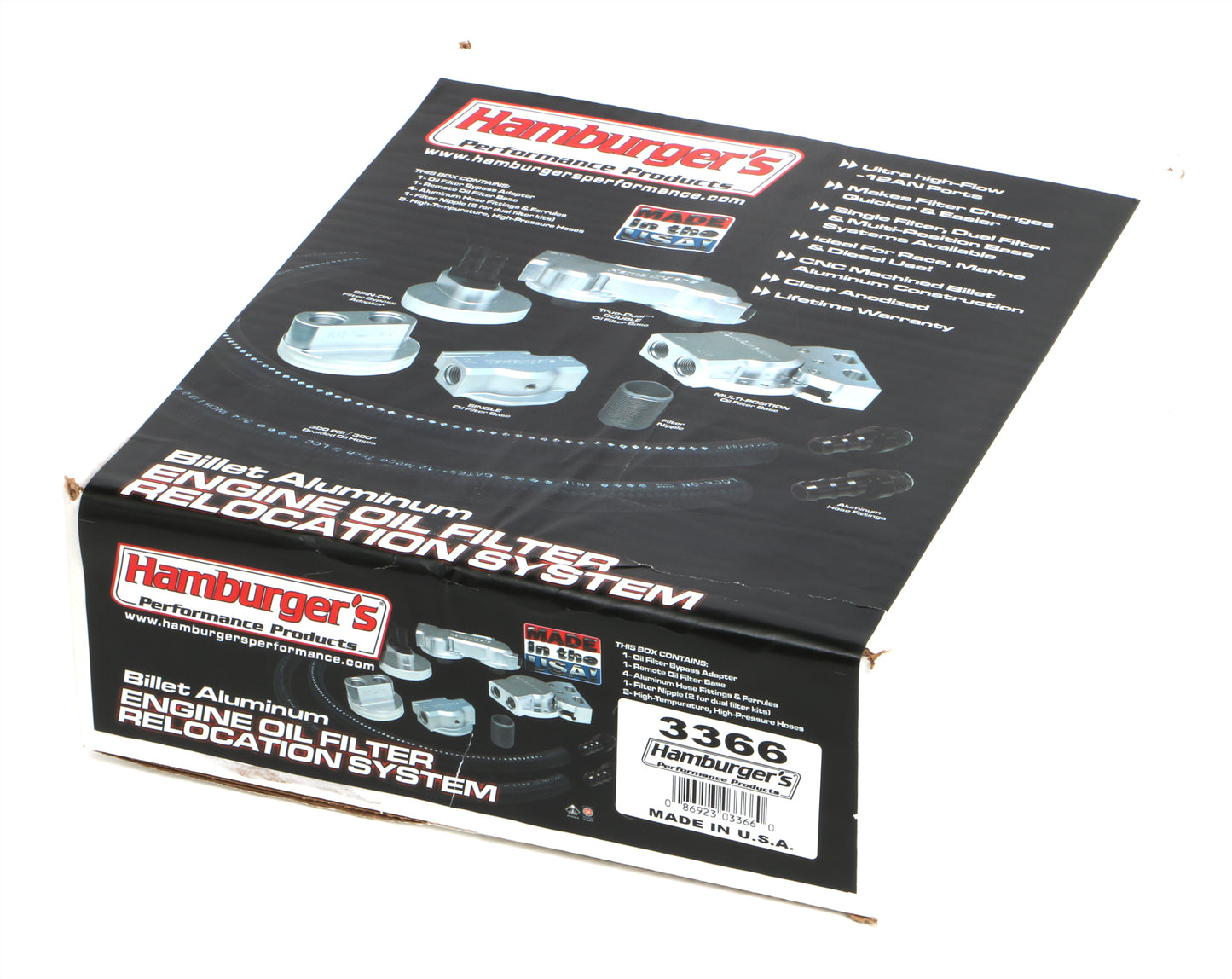HAMBURGER'S PERFORMANCE PRODUCTS BILLET ALUMINUM SINGLE OIL FILTER RELOCATION KIT; VERTICAL PORT; 2-1/2 IN. I.D. 2-3/4 IN. O.D. OIL FILTER FLANGE; 18MM X 1.5 NIPPLE- CHEVY V6 & 4 CYL. 3366