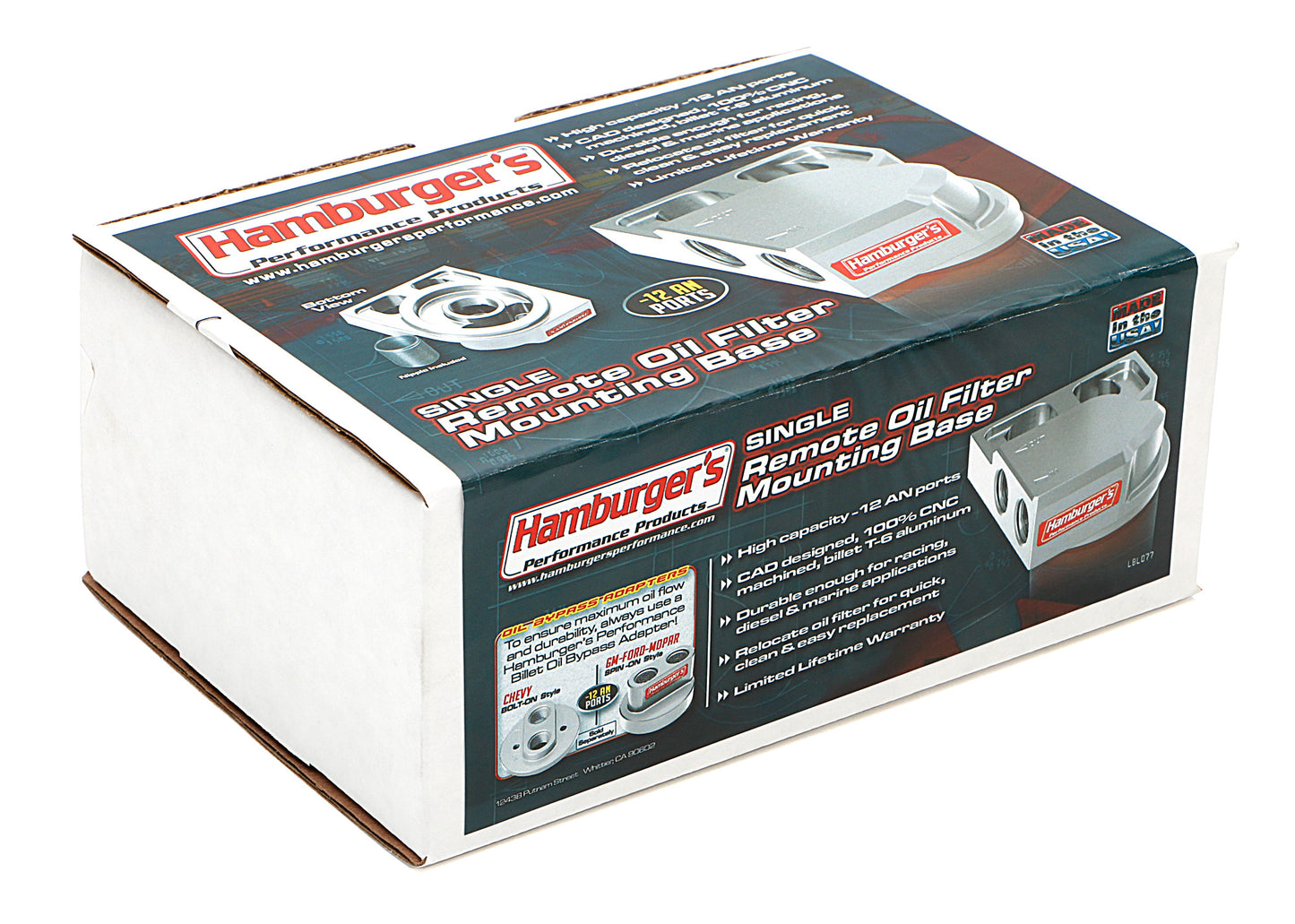 SINGLE Remote Oil Filter Base; Fits HP6; Flows Left to Right- Billet Aluminum 3402
