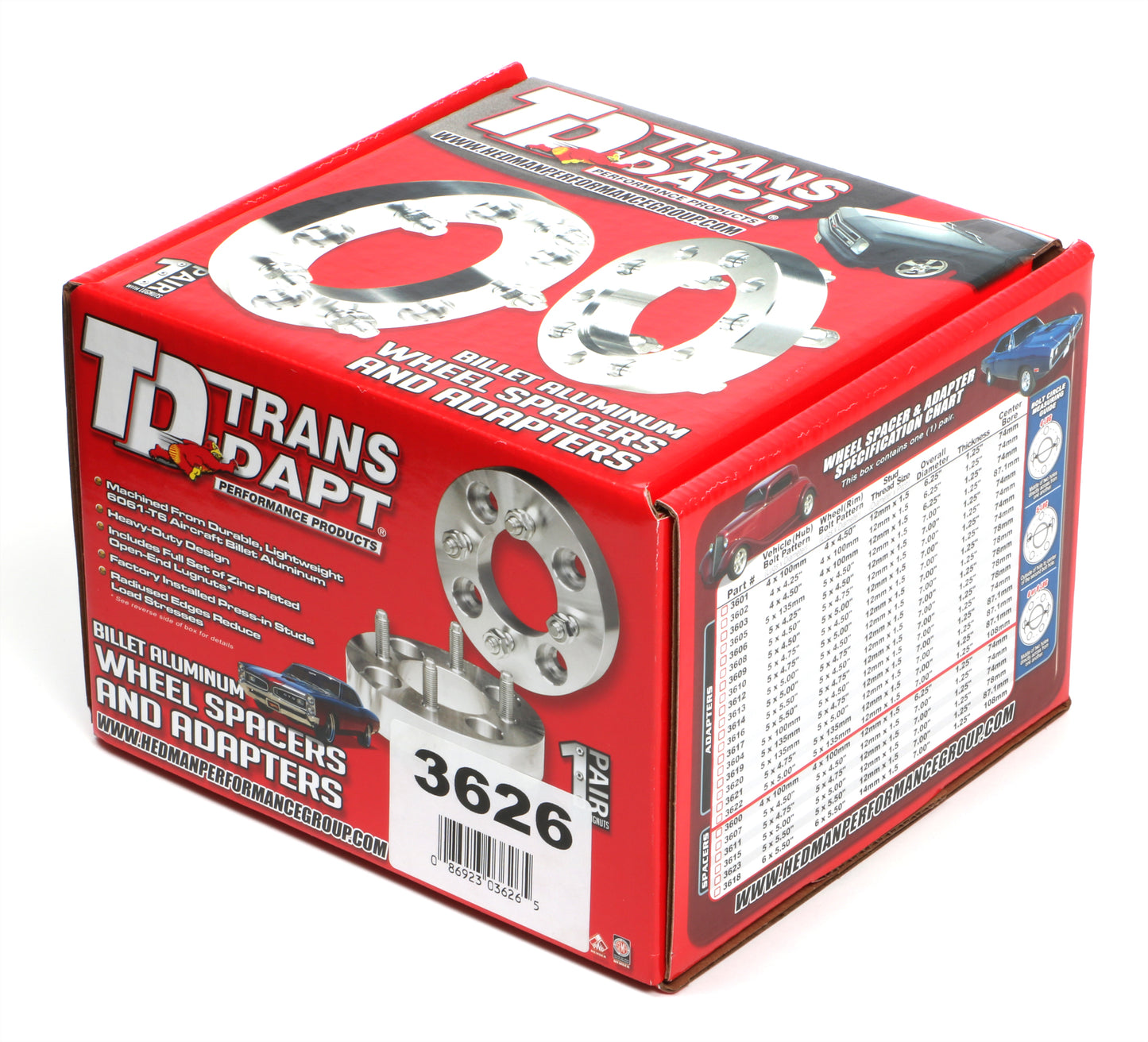 Trans-Dapt Performance Billet Wheel Spacers; 6 Lug On 5.5 In. Bolt Pattern Diameter; 12Mm X 1.5 Studs; 1 1/4 In. Thick 3626