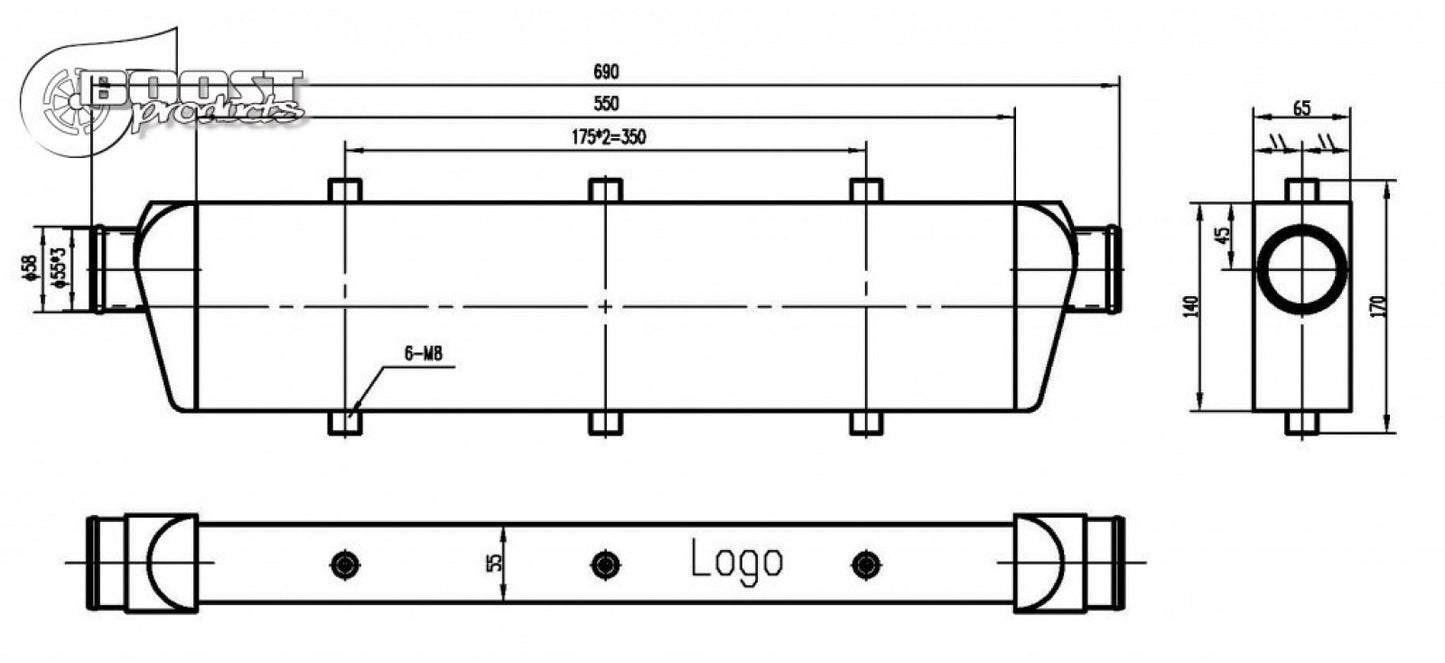 BOOST products Competition Intercooler 550x140x65mm (22" x 5.5" x 2.5") - 55mm (2.2") I/O OD '1101551465