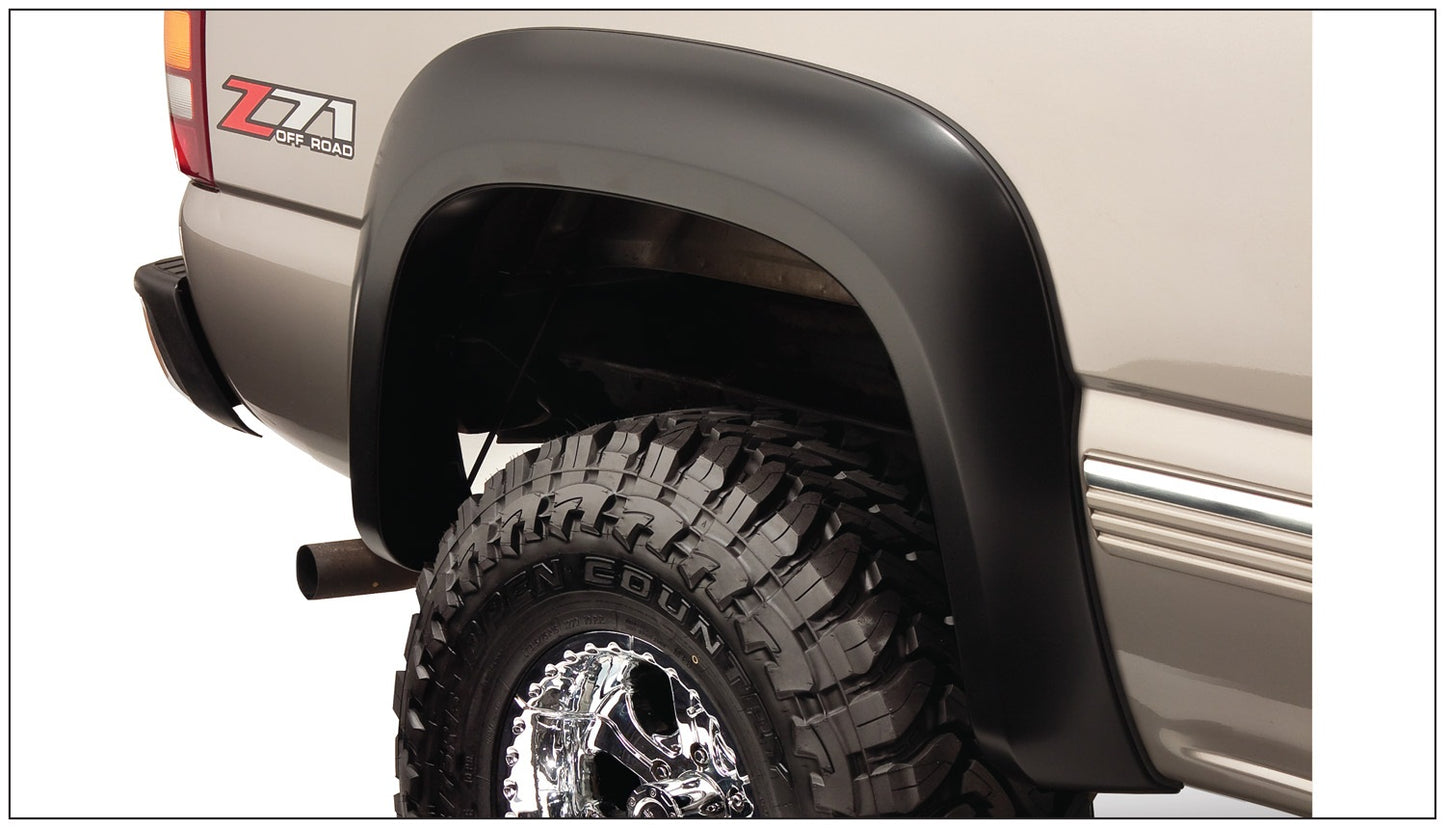 Bushwacker 40104-02 Black Extend-A-Fender Style Smooth Finish Rear Fender Flares With Extended Coverage For 99-06 Silverado/Sierra 1500; 99-04 2500; 01-06 1500 HD 2500 HD 3500; Fits 78/96 In. Bed