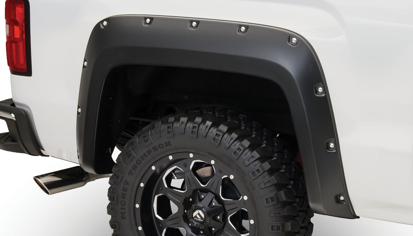Bushwacker 40122-02 Black Pocket/Rivet Style Smooth Finish Rear Fender Flares For 2014-2018 Sierra 1500 (Incl Limited); 2015-2018 Sierra 2500 HD/3500 HD (Excludes Dually)