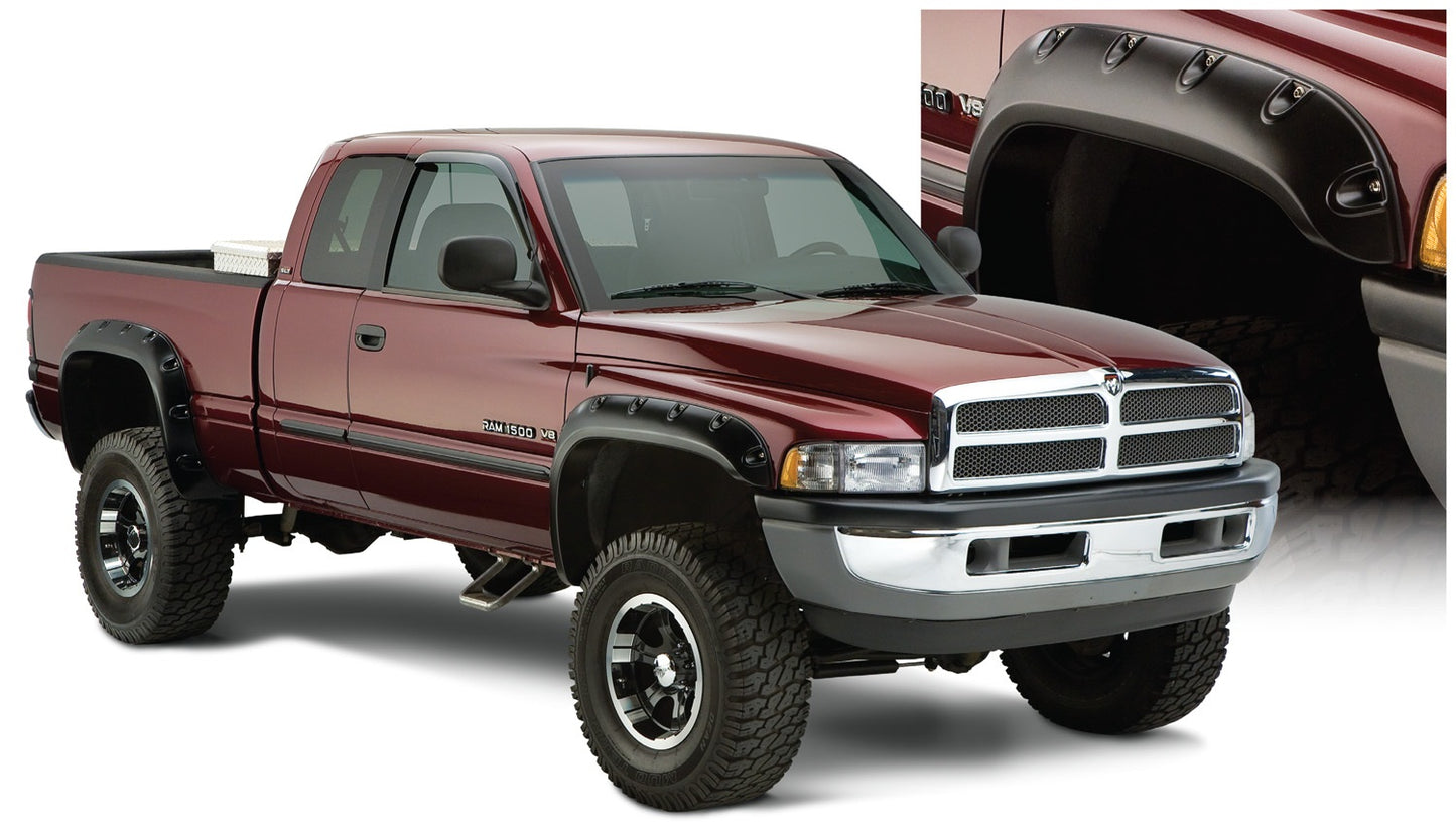 Bushwacker 50908-02 Black Pocket/Rivet Style Smooth Finish 4-Piece Fender Flare Set For 1994-2001 Dodge Ram 1500; 1994-2002 Ram 2500 3500 (Excludes Dually); Fit 78/96 In. Bed