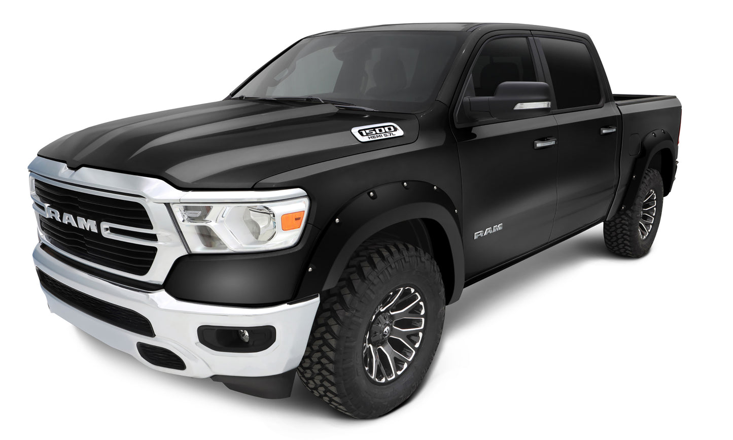 Bushwacker 50915-35 Pocket/Rivet Style Color Matched Black Clear Coat 4-Piece Fender Flare Set For 2016-2018 Ram 1500 (Excludes R/T/Rebel); 2019-2022 Ram 1500 Classic