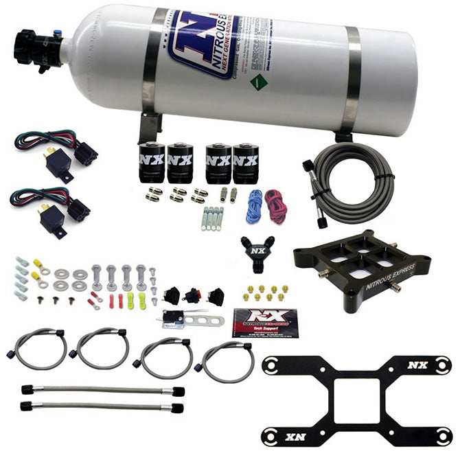 Nitrous Express 4150 DUAL STAGE BILLET CROSSBAR (50-300 & 100-500HP) WITH 15LB BOTTLE. NX-66042-15