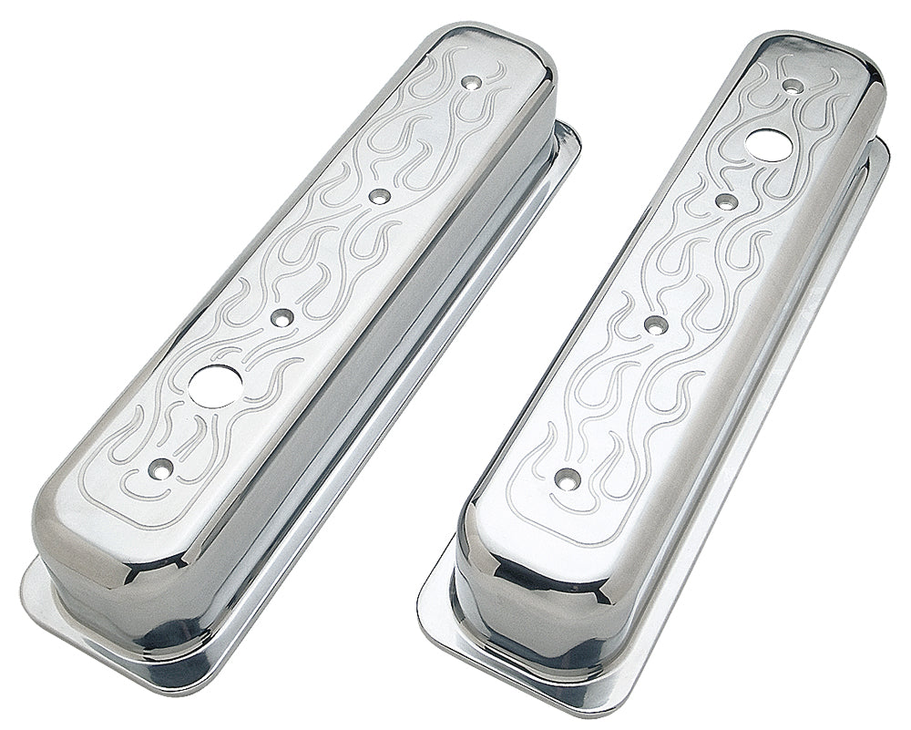 Trans-Dapt Performance Ball-Milled Aluminum Valve Covers; Tall; Flames- 1987-1999- Sb Chevrolet 5.0/5.7L 6987