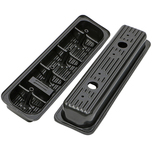 Trans-Dapt Performance Traditional Design Valve Covers; Short; 5.0-5.7L Chevy 1987-99 (Trucks Only)- Black Steel 7443