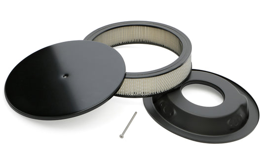 Trans-Dapt Performance Round Air Cleaner Set; Smooth Aluminum Top; 14 In. Diameter 3 In. Tall; Recessed Steel Base- Black Aluminum/Steel 7471