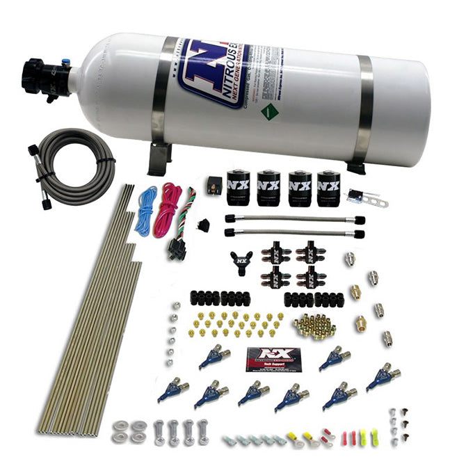 Nitrous Express 8 CYL PIRANHA DIRECT PORT 4 SOLENOIDS WITH 15LB BOTTLE (200-500HP JETTING) NX-80001-15