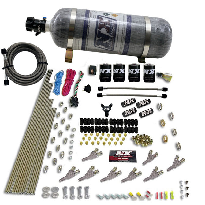 Nitrous Express STD NOZZLE SYSTEM (200-500HP) GAS W /DIST. BLOCK & 4 SOLENOIDS WITH 15LB BOTTLE NX-80018-12