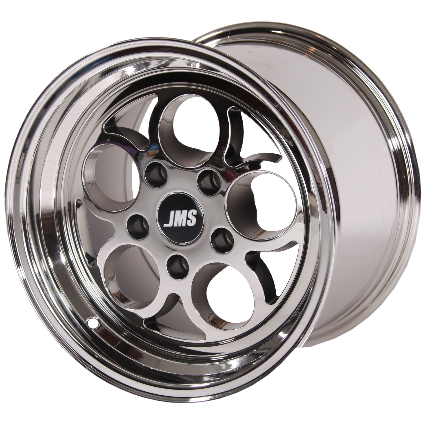 JMS Savage Series Race Wheels - White Chrome; 15 inch X 10 inch Rear Wheel w/ Lug Nuts - Fits 2005-2014 Mustang GT and V6 with sway bar relocation S1510721FZ