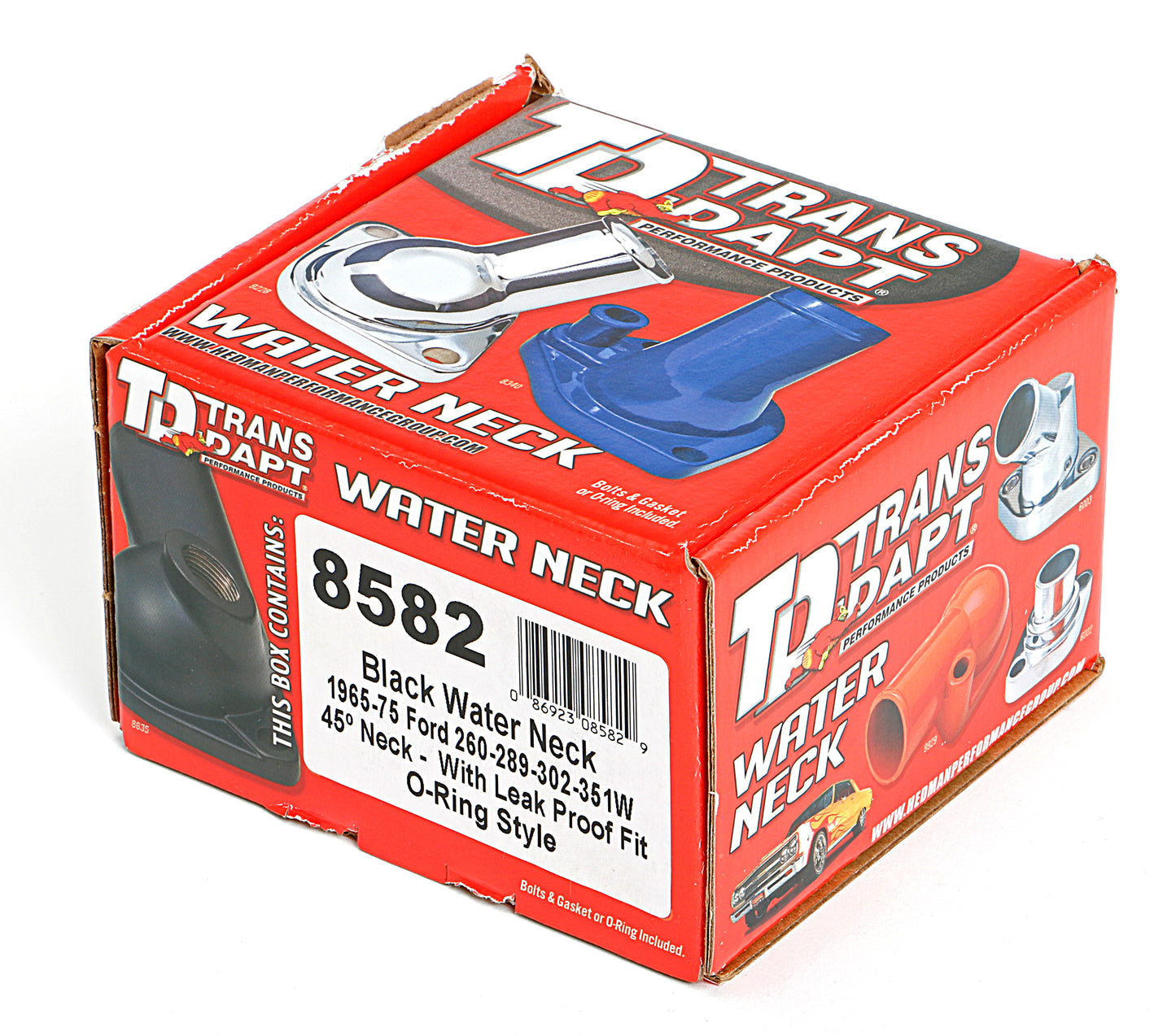 Trans-Dapt Performance Asphalt Black Powder-Coated Water Neck (Thermostat Housing); Sb Ford 260-351W (45 Degree) 8582