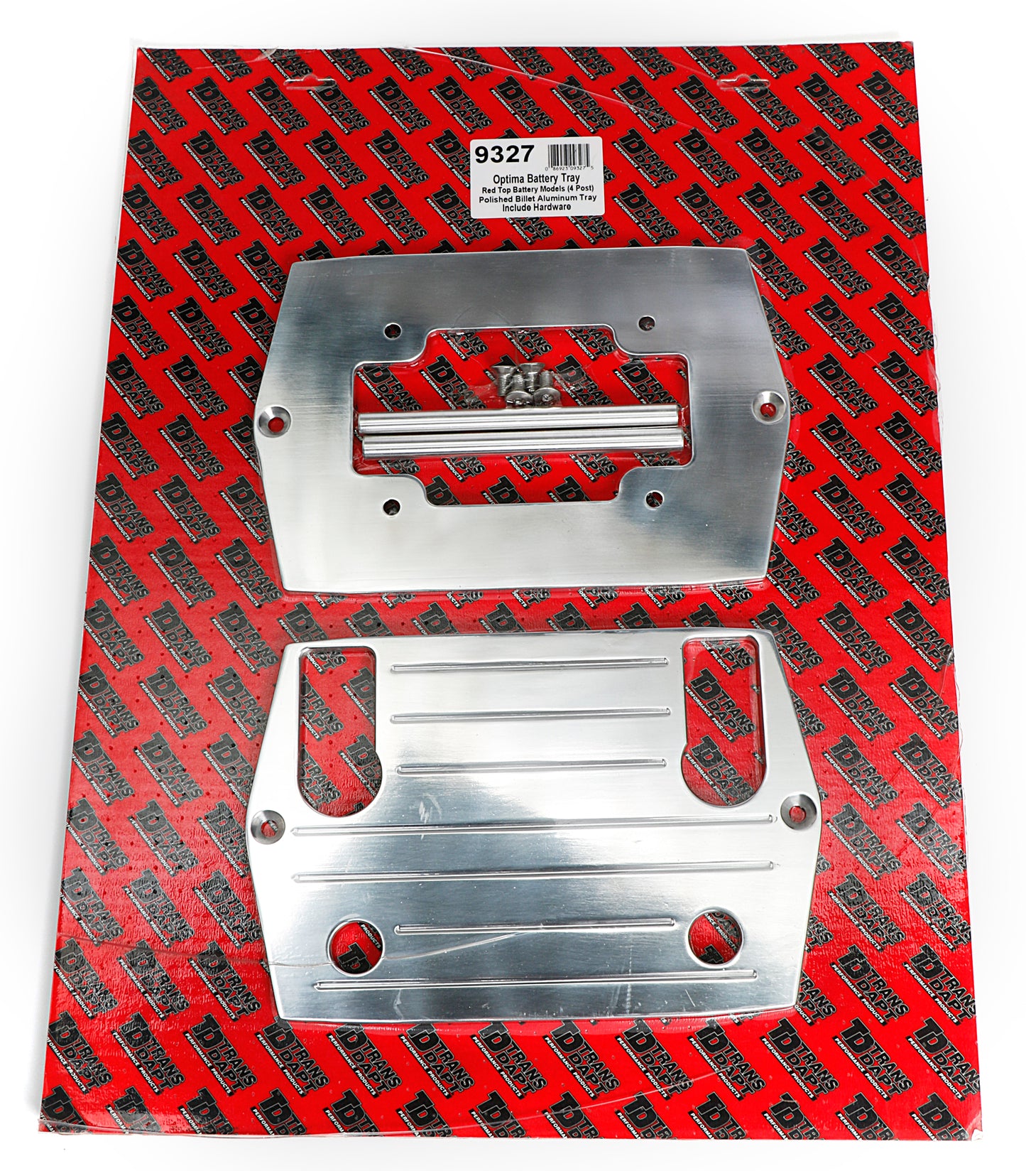 Trans-Dapt Performance Optima Red Top (4 Post) Battery Tray; Pinstriped (Ball-Milled)-Billet Aluminum 9327