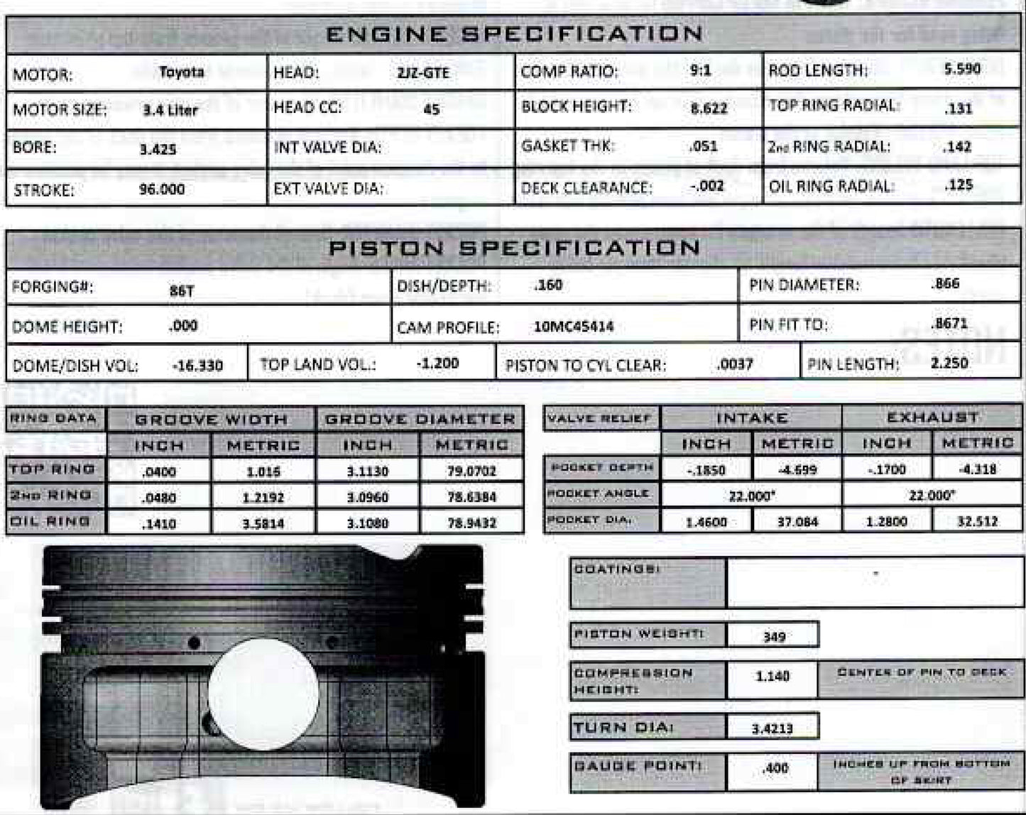 Brian Crower BC0309LW-96-CLR - Toyota 2JZ Stroker Kit - 96mm Stroke/ProH625+ Rods, CP Pistons 96mm x 9:1