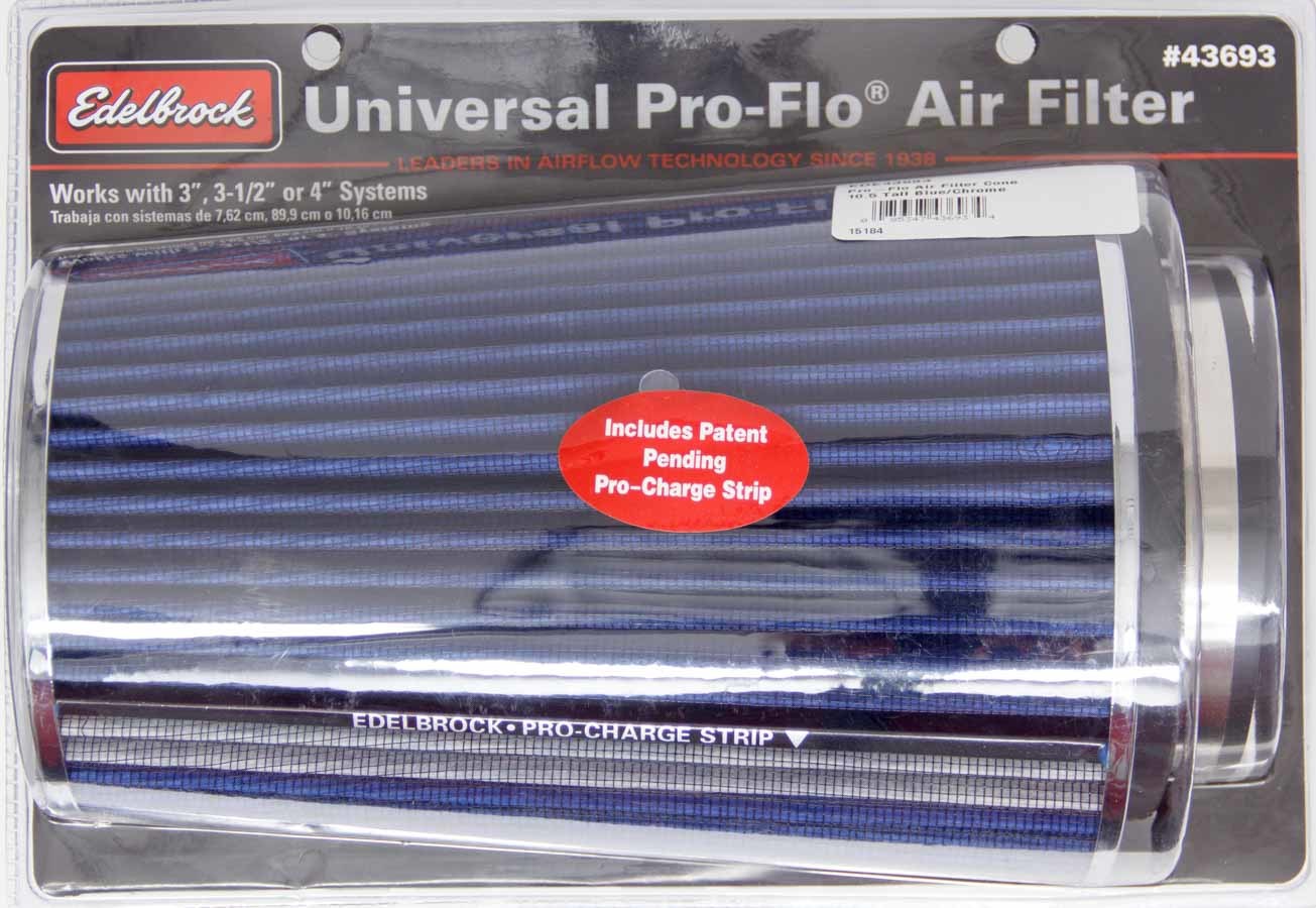 EDELBROCK Pro-Flo Air Filter Cone 10.5 Tall Blue/Chrome 43693