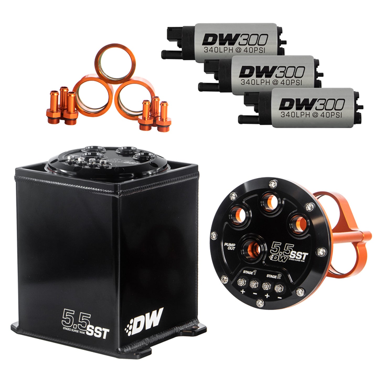 Deatschwerks 5.5L Staged Surge Tank, Universal. Includes 3 DW300 Fuel Pumps. DEW-6-301-55ST