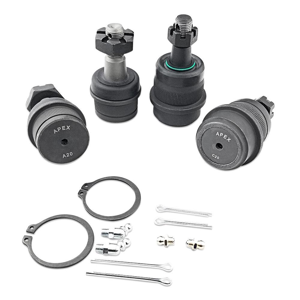 Apex Chassis Heavy Duty Ball Joint Kit Fits: 90-01 Jeep Cherokee 90-92 Jeep Comanche 93-98 Jeep Grand Cherokee 97-06 Jeep Wrangler TJ 87-95 Jeep Wrangler YJ Includes: 2 Upper & 2 Lower KIT103-JJSP