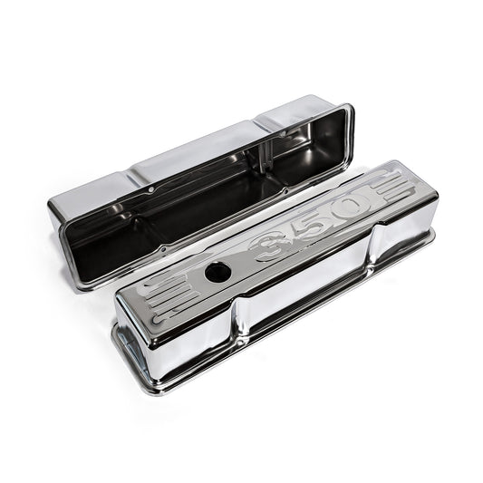 Speedmaster PCE314.1002.03 Fits Chevy SBC 350 Chrome "350 Stamped" Steel Valve Covers - Tall W/ Baffled Hole