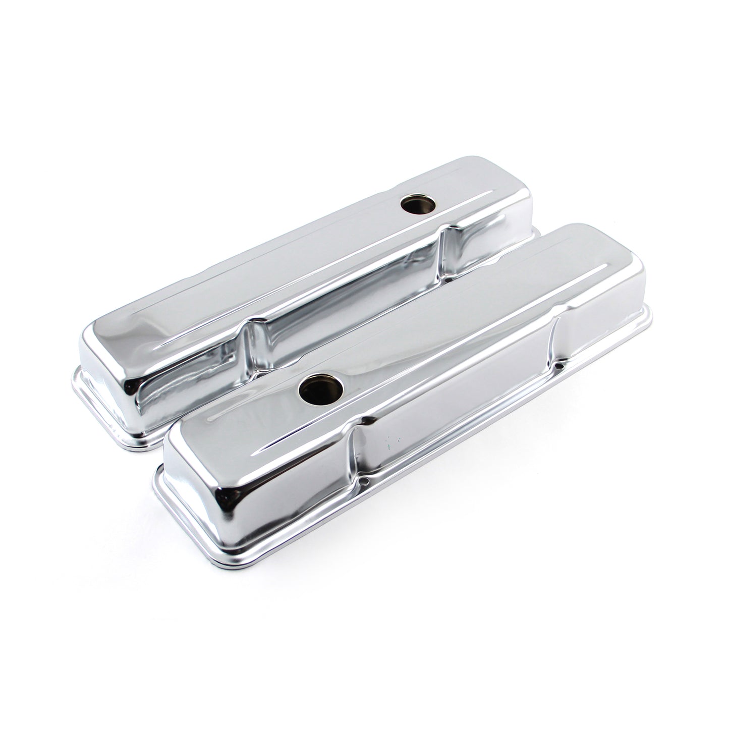 Speedmaster PCE314.1038.01 Fits Chevy SBC 350 Chrome Steel Valve Covers - Short W/ Baffled Hole