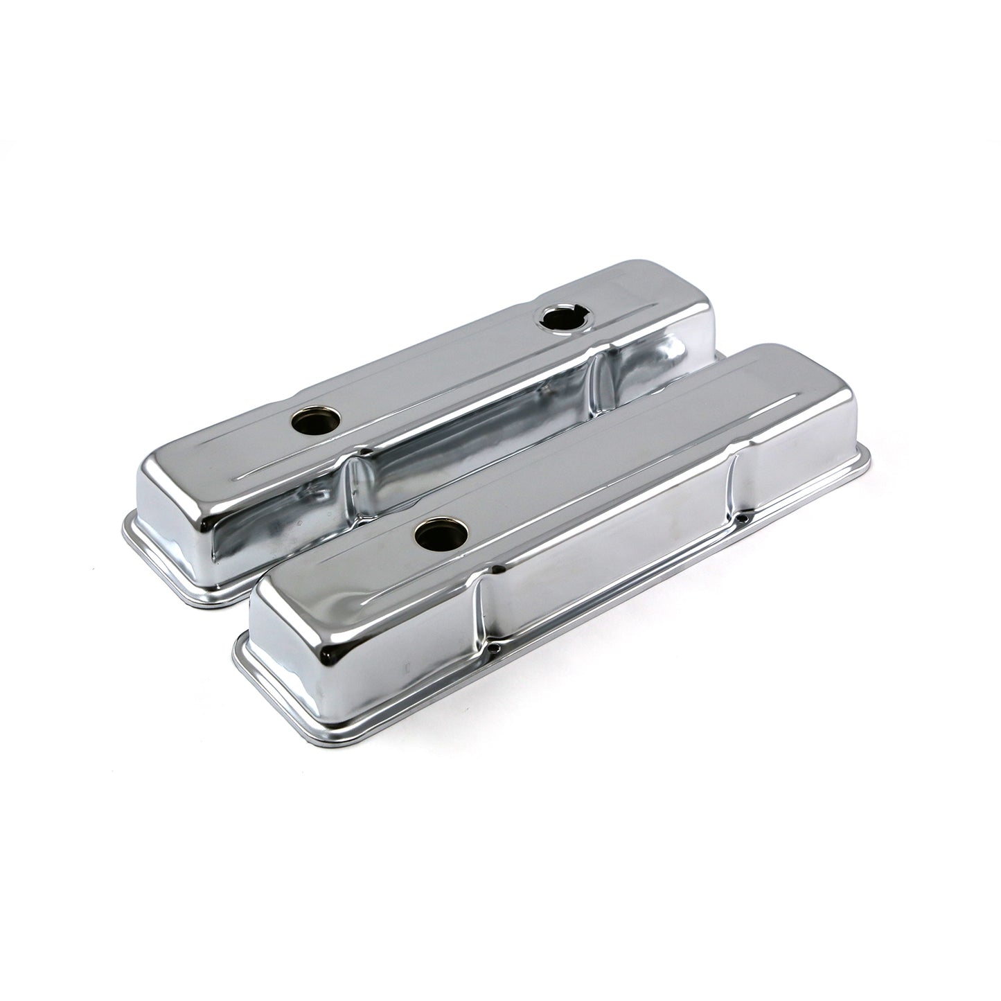 Speedmaster PCE314.1057 Fits Chevy SBC 350 Stock-Style Chrome Steel Valve Covers - Short W/ Baffled Hole