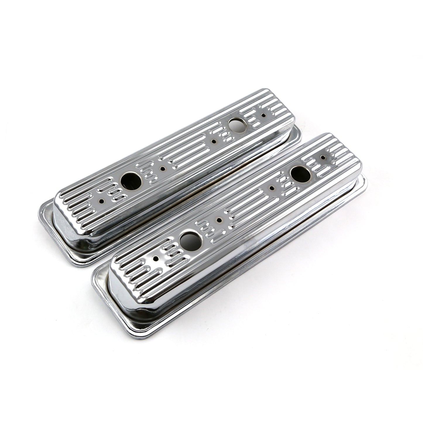 Speedmaster PCE314.1061 Fits Chevy SBC 350 Center Bolt Chrome Steel Valve Covers - Short W/ 2 X Hole