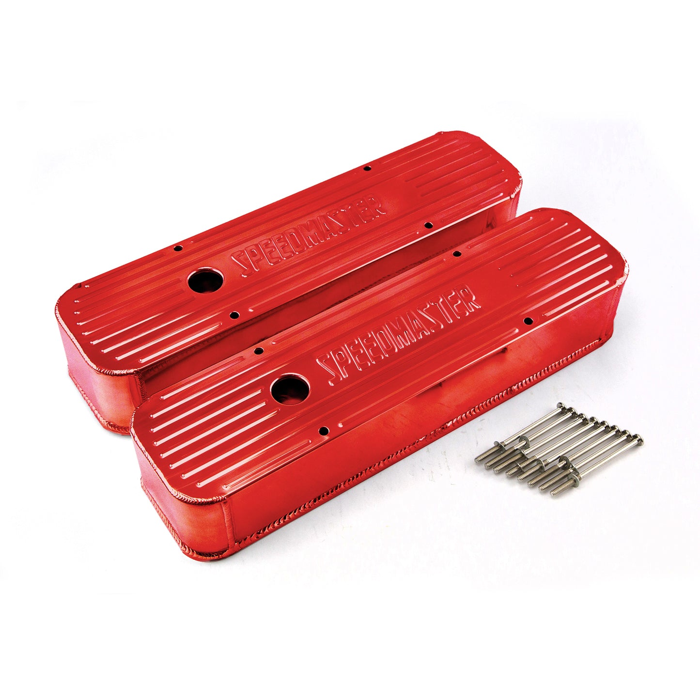 Speedmaster PCE314.1099.04 Fits Chevy SBC 350 Red Anodized Fabricated Valve Covers - Tall W/ Hole
