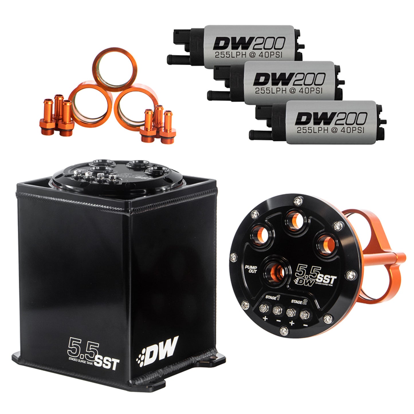 Deatschwerks 5.5L Staged Surge Tank, Universal. Includes 3 DW200 Fuel Pumps. DEW-6-201-55ST