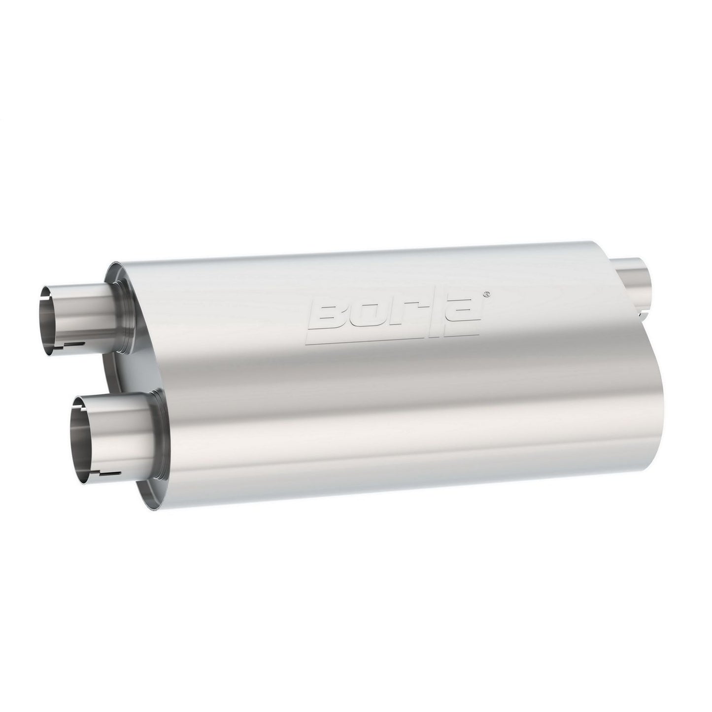 Borla Specialty Muffler Transverse Flow 3in Inlet/ 2.5in Dual Outlet 6in x 10.25in Oval x 19in Long Body Notched Necks 400499