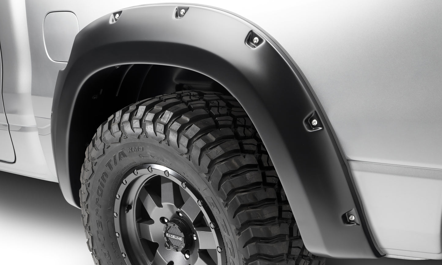 Bushwacker 50054-02 Black Pocket/Rivet Style Smooth Finish Rear Fender Flares For 2019-2022 Ram 1500; Will Not Fit Rebel And TRX Models