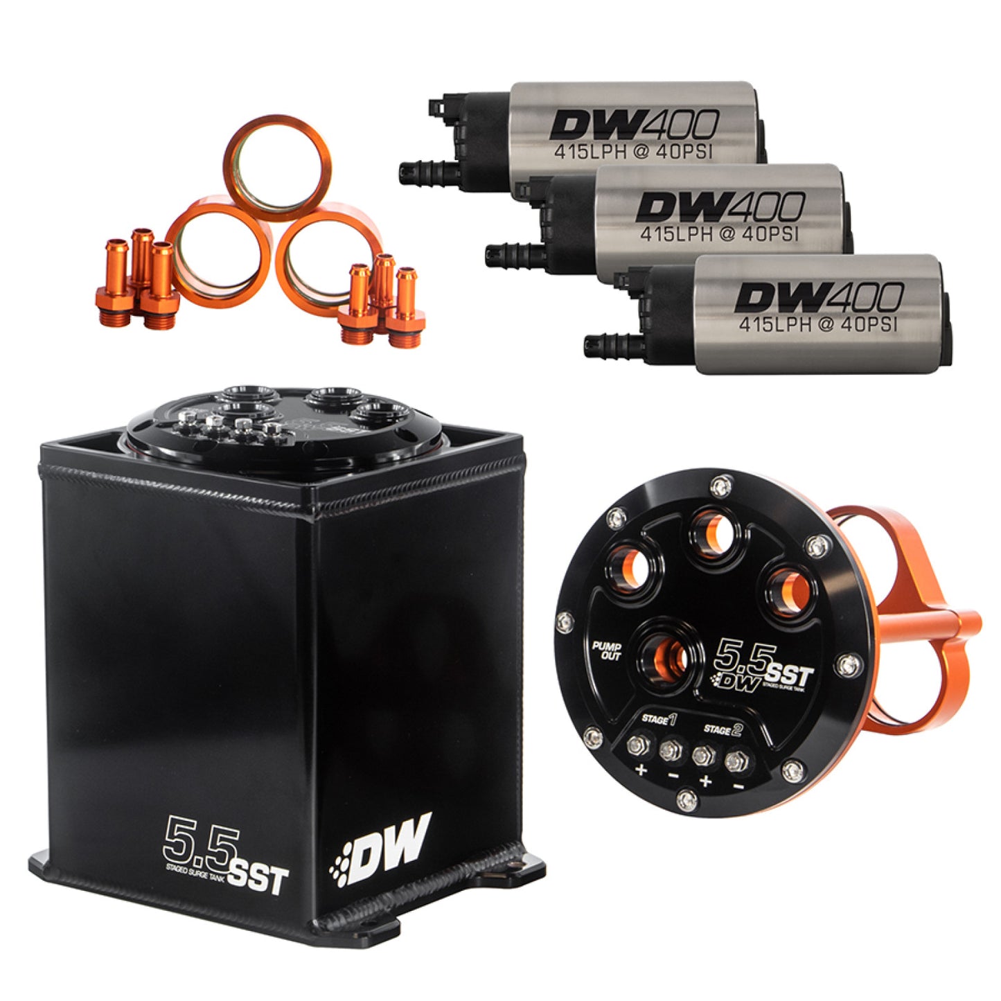 Deatschwerks 5.5L Staged Surge Tank, Universal. Includes 3 DW400 Fuel Pumps. DEW-6-401-55ST
