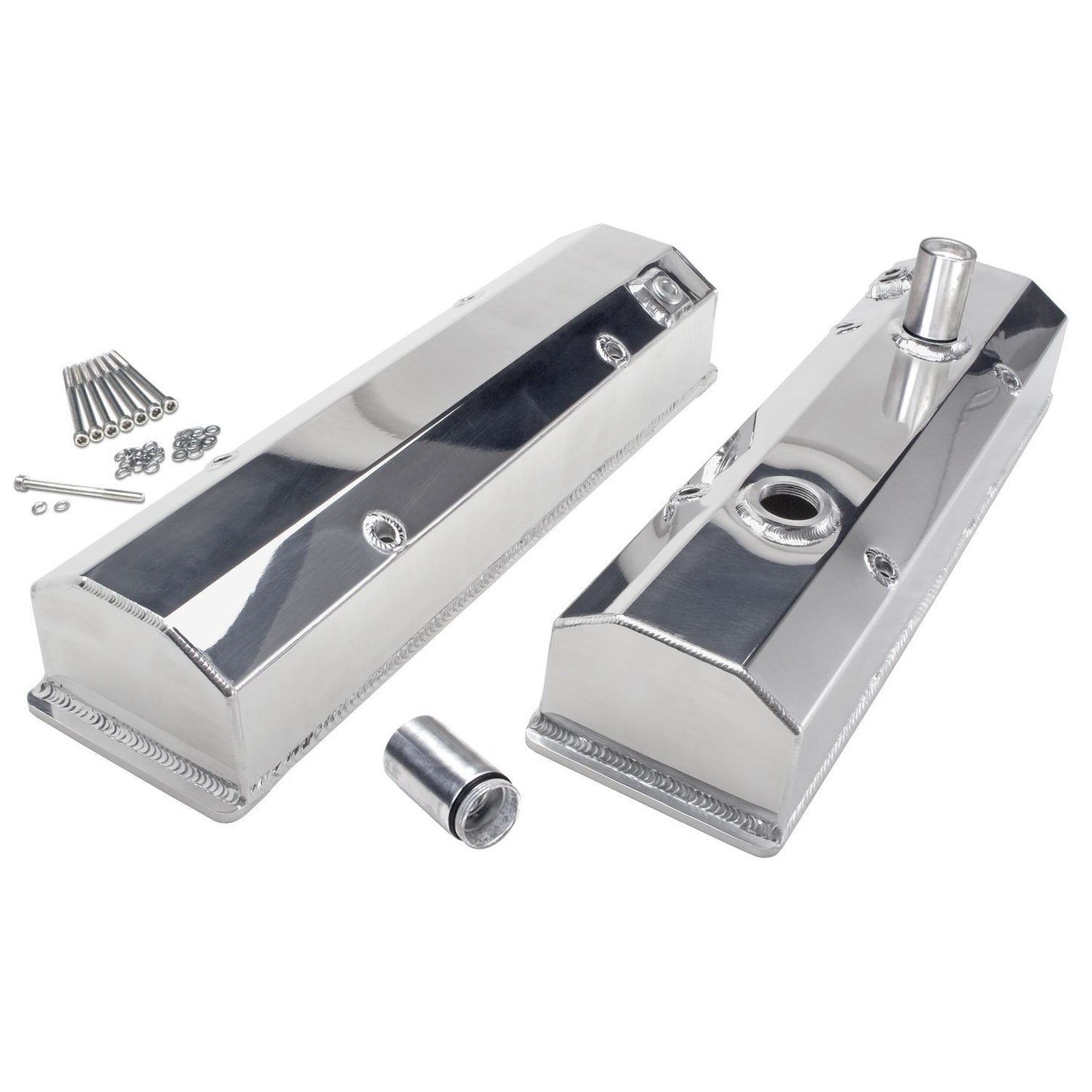 HAMBURGER'S PERFORMANCE PRODUCTS POLISHED ALUMINUM FABRICATED VALVE COVERS CHEVY SB (1958-86)- CIRCLE TRACK COVERS W/ REMOVABLE TUBES 1074