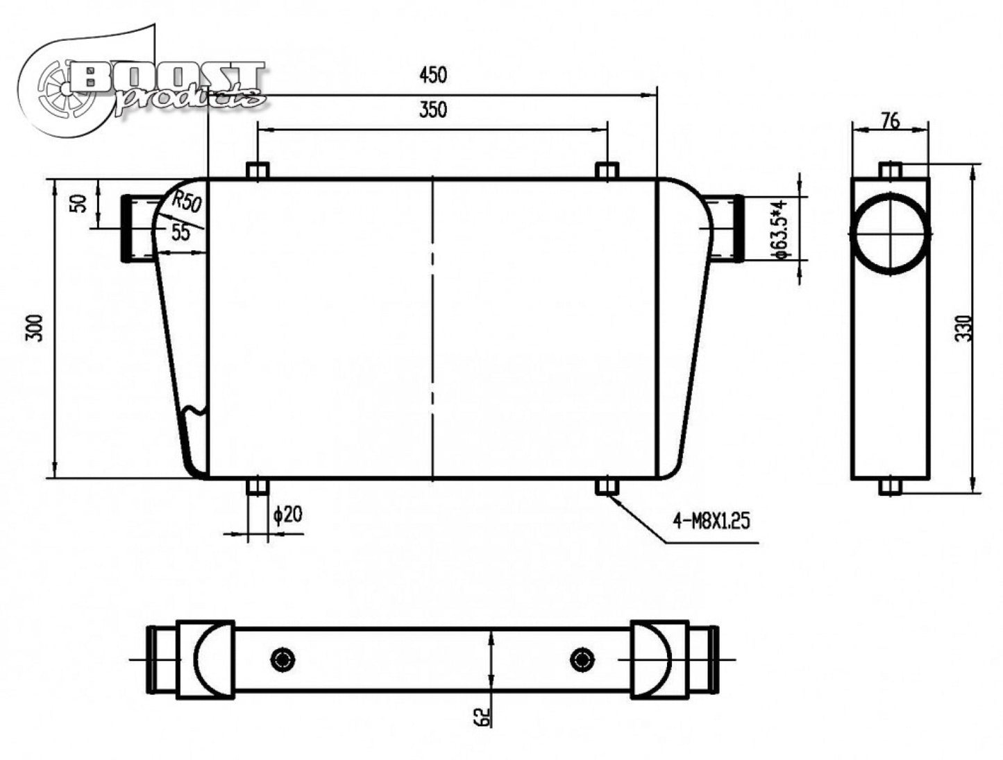 BOOST products Competition Intercooler 450x300x76mm (18" x 12" x 3") - 63mm (2.5") I/O OD '1101453176