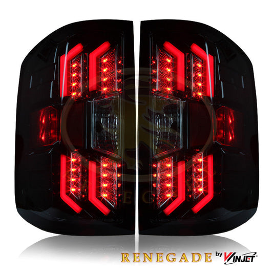 RENEGADE 2014-2018 Chevrolet Silverado 1500 2500 3500 LED Tail Lights - (Gloss Black / Clear & Red Glow Bar) WINJET-CTRNG0383-GBC-RG