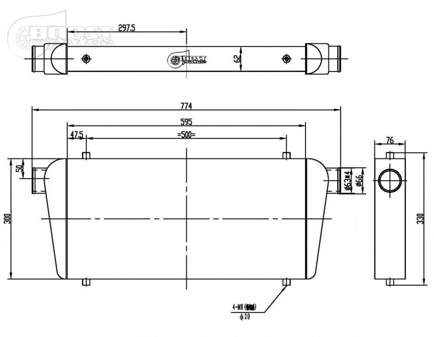 BOOST products Competition Intercooler 600x300x76mm (22" x 12" x 3") - 63mm (2.5") I/O OD '1101603176