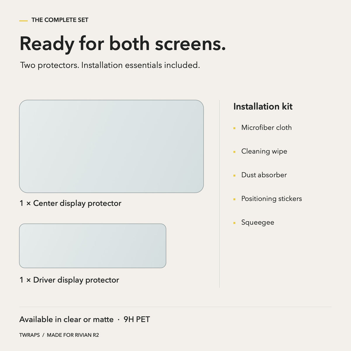 Screen Protectors | Rivian R2, 9H PET, Clear or Matte
