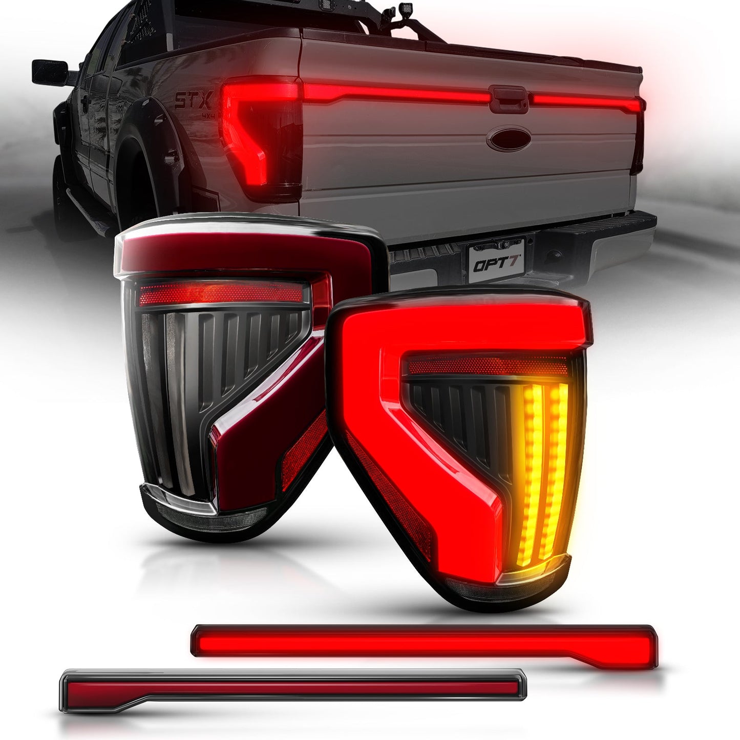 OPT7 Full-Width Strip Cross LED Tail Light with Sequential Red or Yellow Signal for 12th Gen 09-14 Ford F150 (Inspired from New Ford F-150 Lighting)