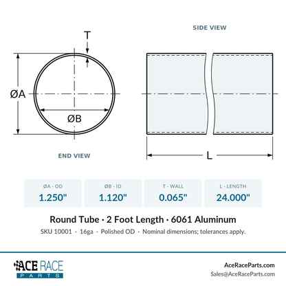 1.250" OD 16ga Round Tube - Polished OD - 6061 Aluminum - 2 Foot Length
