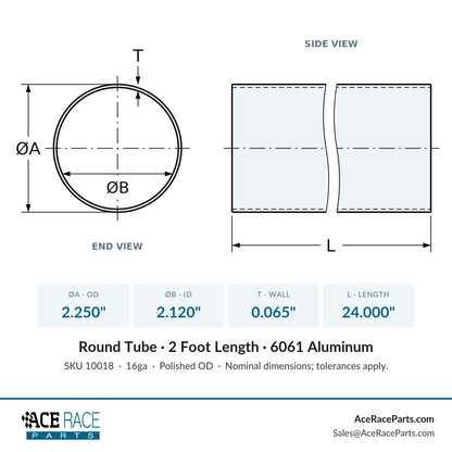2.250" OD 16ga Round Tube - Polished OD - 6061 Aluminum - 2 Foot Length