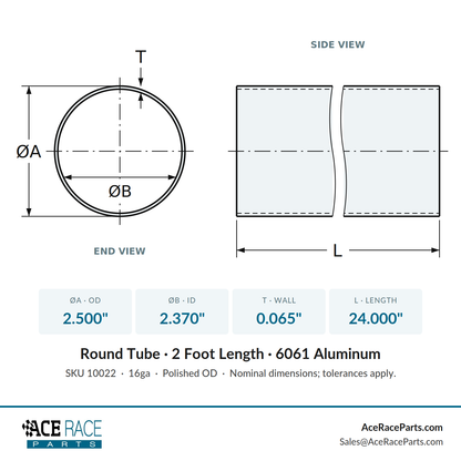 2.500" OD 16ga Round Tube - Polished OD - 6061 Aluminum - 2 Foot Length