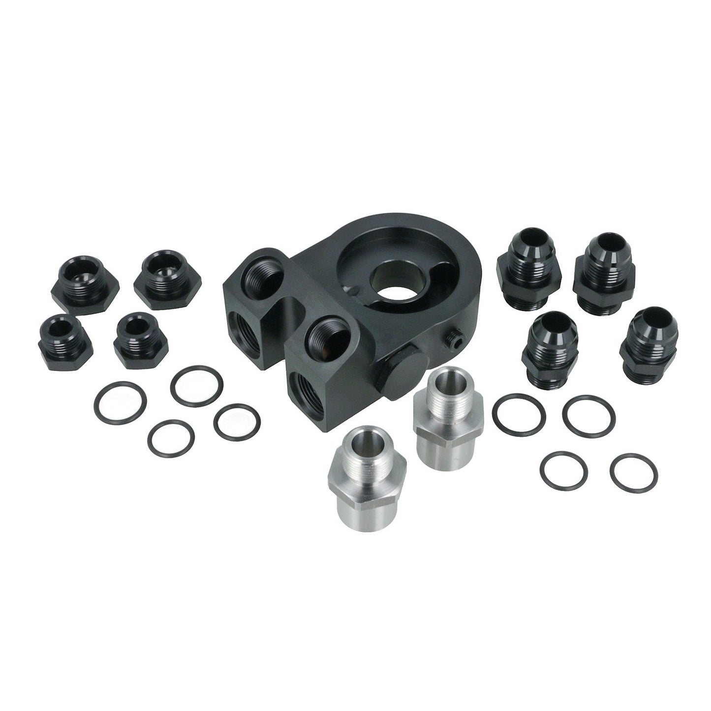 BOOST Products Billet Oil Filter Sandwich Plate Adapter  w/ Thermostat, black anodized