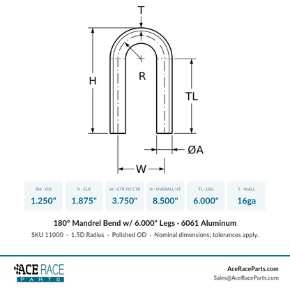 1.250" OD 16ga 180° Mandrel Bend - Polished OD - 6061 Aluminum - (1.875" CLR / 6.000" Legs)