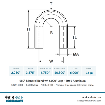 2.250" OD 16ga 180° Mandrel Bend - Polished OD - 6061 Aluminum - (3.375" CLR / 6.000" Legs)