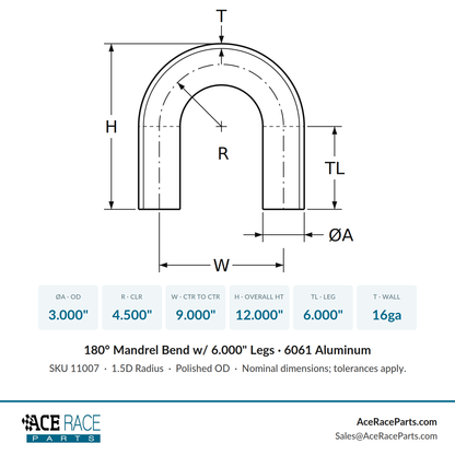3.000" OD 16ga 180° Mandrel Bend - Polished OD - 6061 Aluminum - (4.500" CLR / 6.000" Legs)