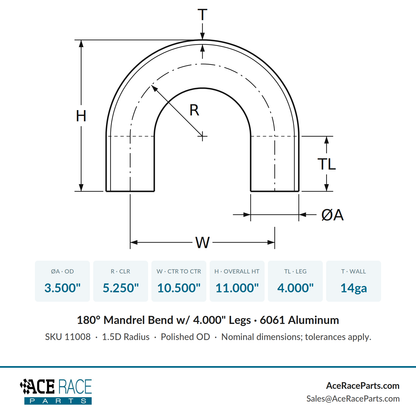 3.500" OD 14ga 180° Mandrel Bend - Polished OD - 6061 Aluminum - (5.250" CLR / 4.000" Legs)