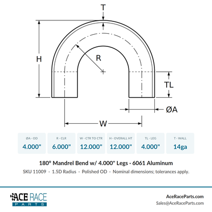 4.000" OD 14ga 180° Mandrel Bend - Polished OD - 6061 Aluminum - (6.000" CLR / 4.000" Legs)