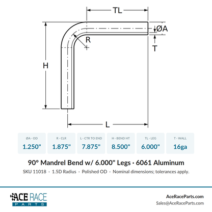 1.250" OD 16ga 90° Mandrel Bend - Polished OD - 6061 Aluminum - (1.875" CLR / 6.000" Legs)