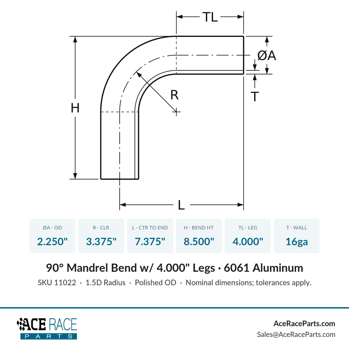 2.250" OD 16ga 90° Mandrel Bend - Polished OD - 6061 Aluminum - (3.375" CLR / 4.000" Legs)