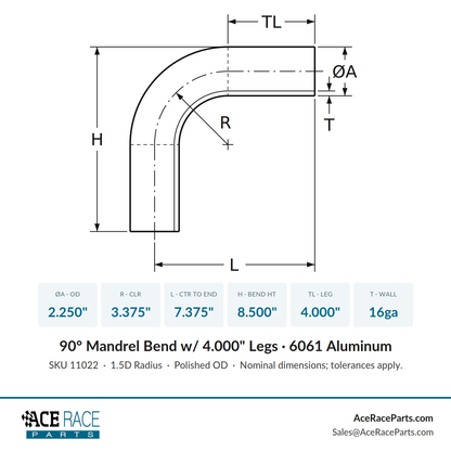 2.250" OD 16ga 90° Mandrel Bend - Polished OD - 6061 Aluminum - (3.375" CLR / 4.000" Legs)